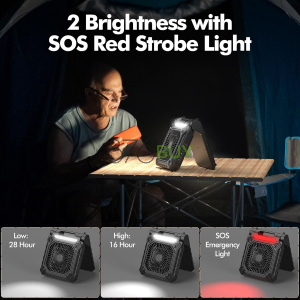 Solar Fan with LED Lantern - Battery Powered with Solar Panel, 90° Adjust, 3 Speed & Timer, 20Hrs Cooling