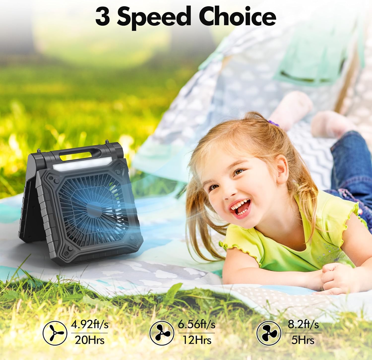 Solar Fan with LED Lantern - Battery Powered with Solar Panel, 90° Adjust, 3 Speed & Timer, 20Hrs Cooling - Image 5