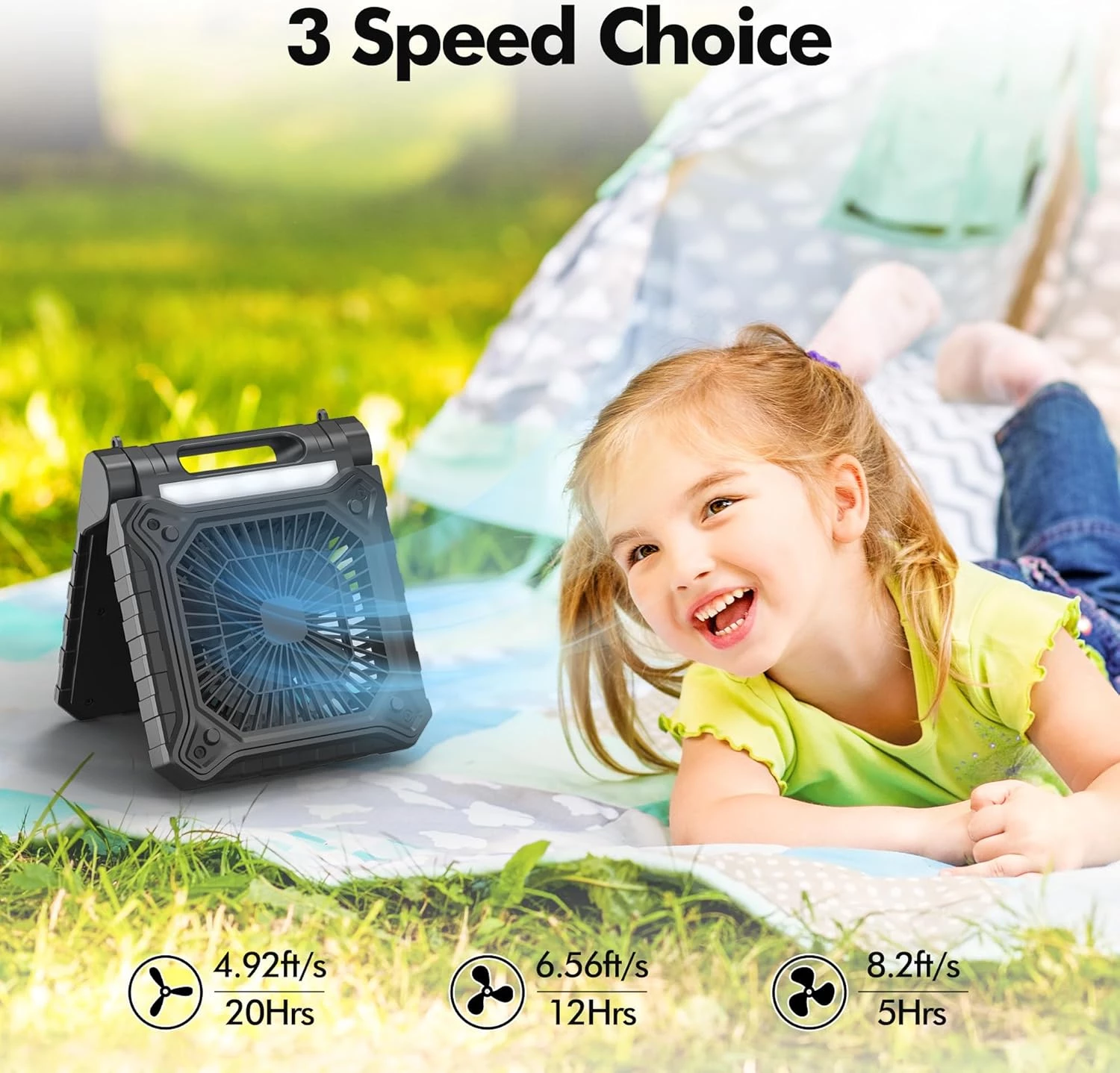 Solar Fan with LED Lantern - Battery Powered with Solar Panel, 90° Adjust, 3 Speed & Timer, 20Hrs Cooling - Image 5