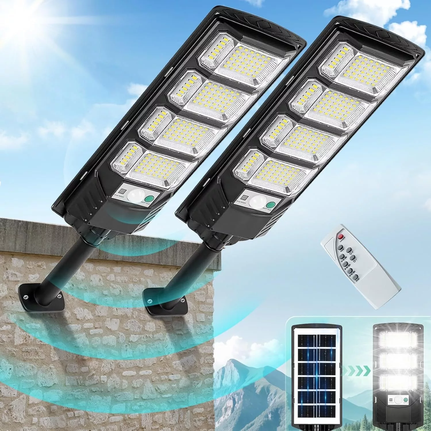 FOWSEEK 2 Pack Solar Street Lights 12000 Lumen with Motion Sensor