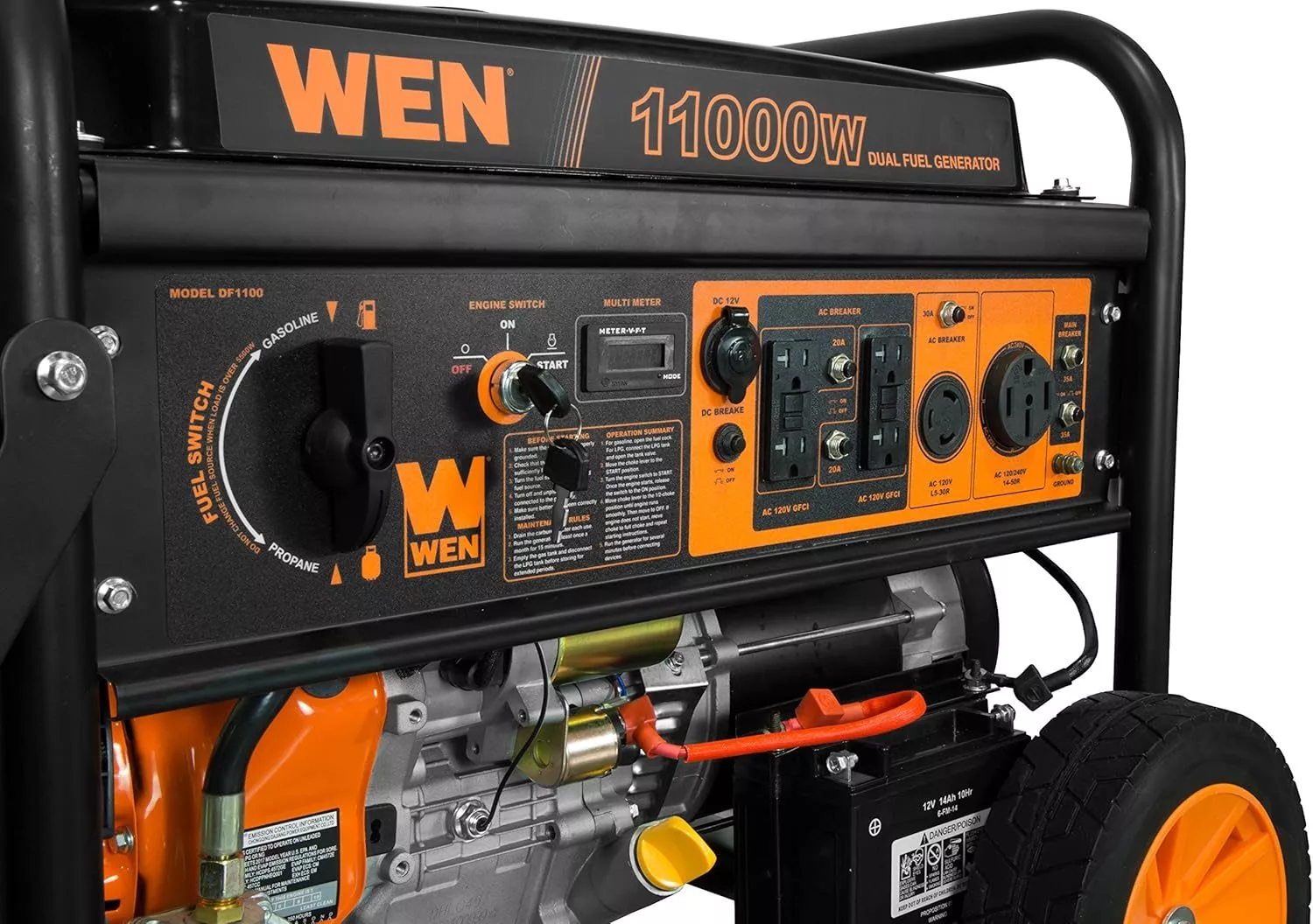 WEN 11,000-Watt 120V/240V Dual Fuel Portable Generator with Wheel Kit and Electric Start (DF1100T) - Image 4