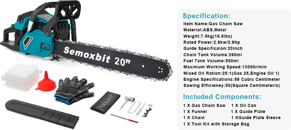 Semoxbit 58CC Gas Chainsaw 20 Inch Chain Saw with 2-Cycle Engine - Image 10