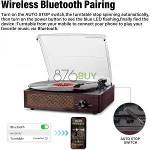 Cotsoco Vinyl Record Player Turntable with Built-in Bluetooth Receiver & 2 Stereo Speakers