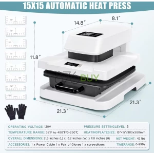 Specraft Auto Heat Press, 15x15 Digital Sublimation Machine with Adjustable Pressure for T-Shirts