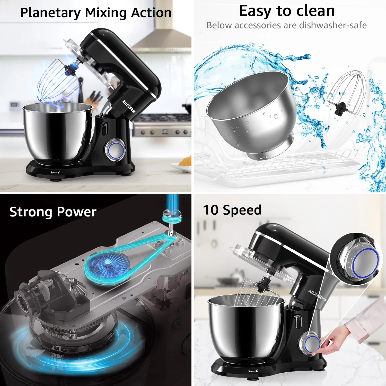 Ailessom New Stand Mixer,6.5-QT 10-Speed Tilt-Head Food Mixer (Onyx Black) - Image 4