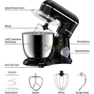 Ailessom New Stand Mixer,6.5-QT 10-Speed Tilt-Head Food Mixer (Onyx Black)