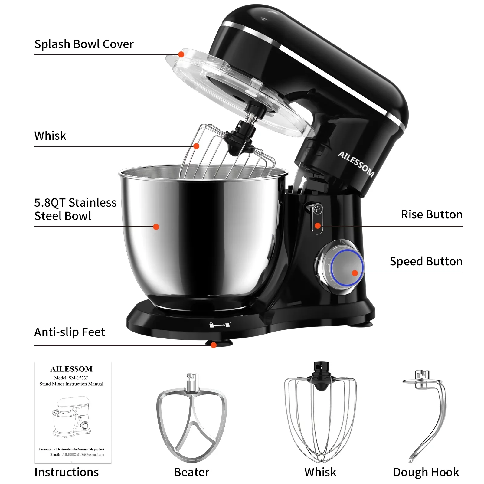 Ailessom New Stand Mixer,6.5-QT 10-Speed Tilt-Head Food Mixer (Onyx Black) - Image 2